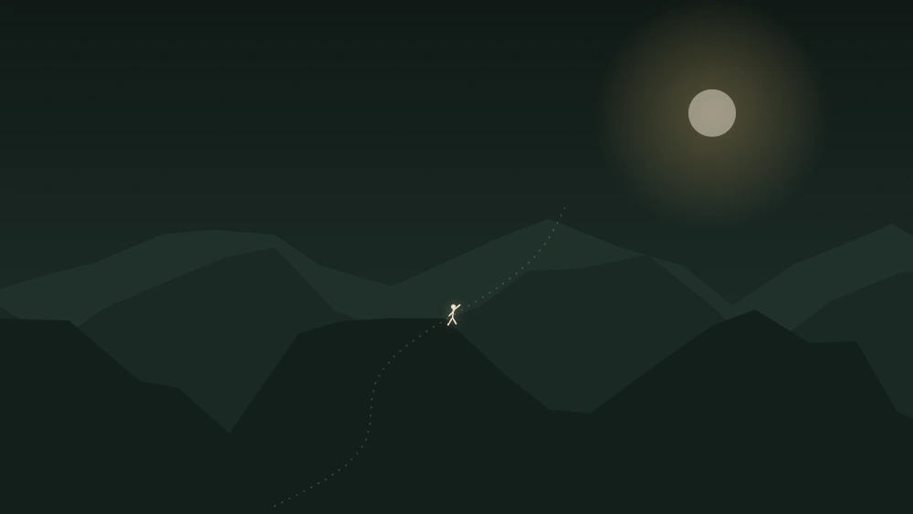 A lone figure climbing a mountain path under the moon
